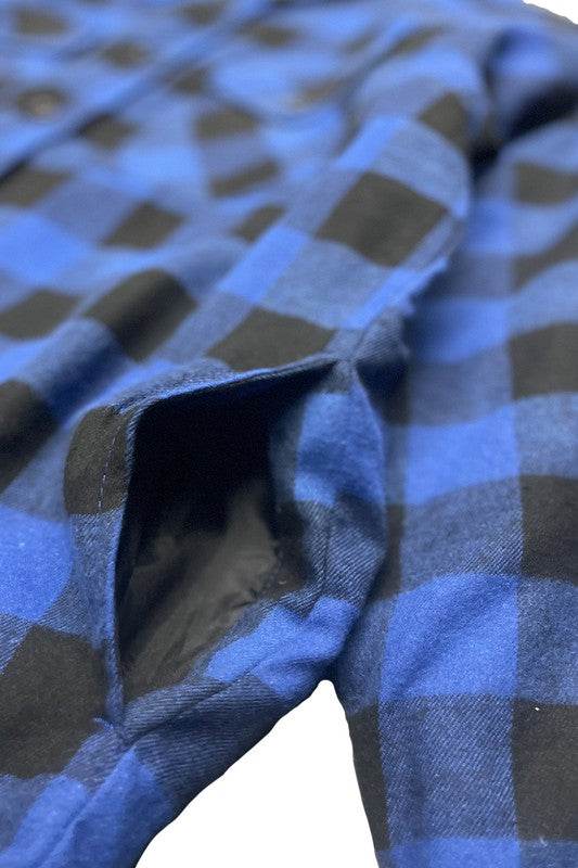 Men's blue and black flannel shirt featuring a quilted jacket design