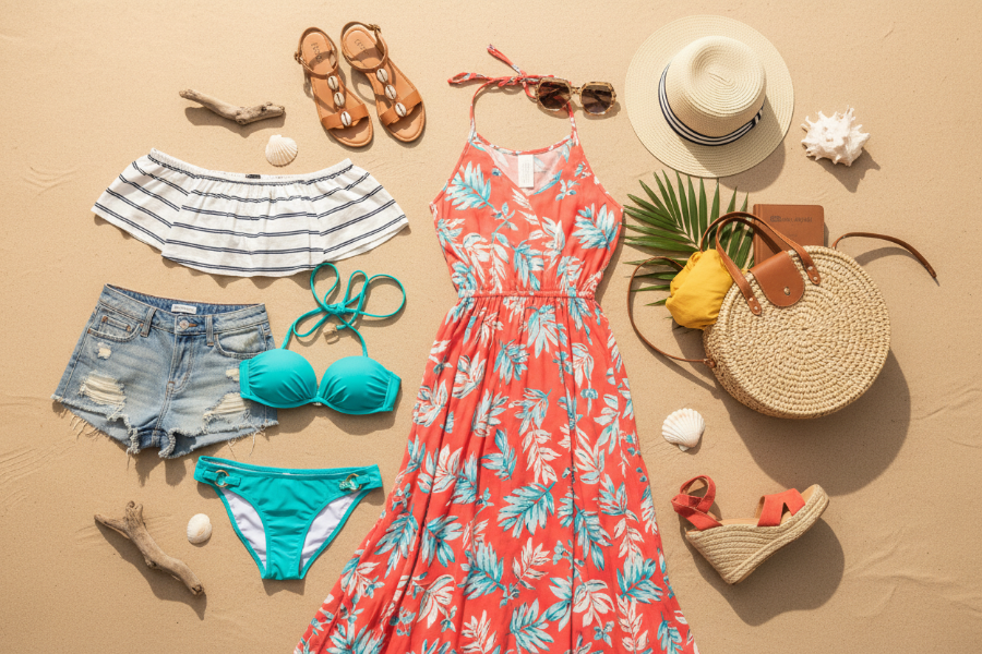 Beach-themed clothing and accessories including a dress, shorts, sandals, and a hat on a sandy background.