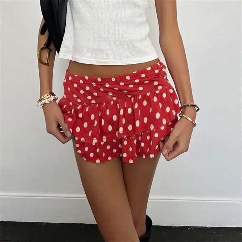Women's red polka dot skirt pleated, perfect for summer outings
