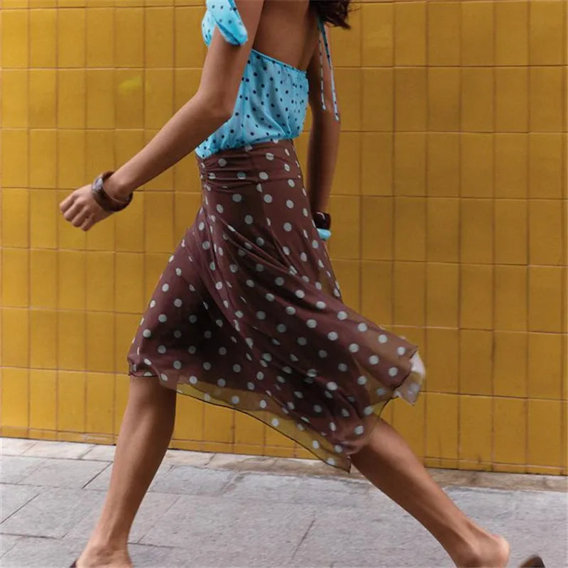 Women's brown polka dot skirt, lightweight material, perfect for summer outings