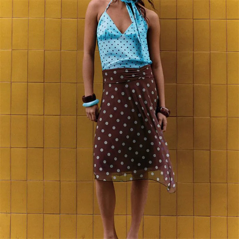 Women's brown polka dot skirt, lightweight fabric, summer wear