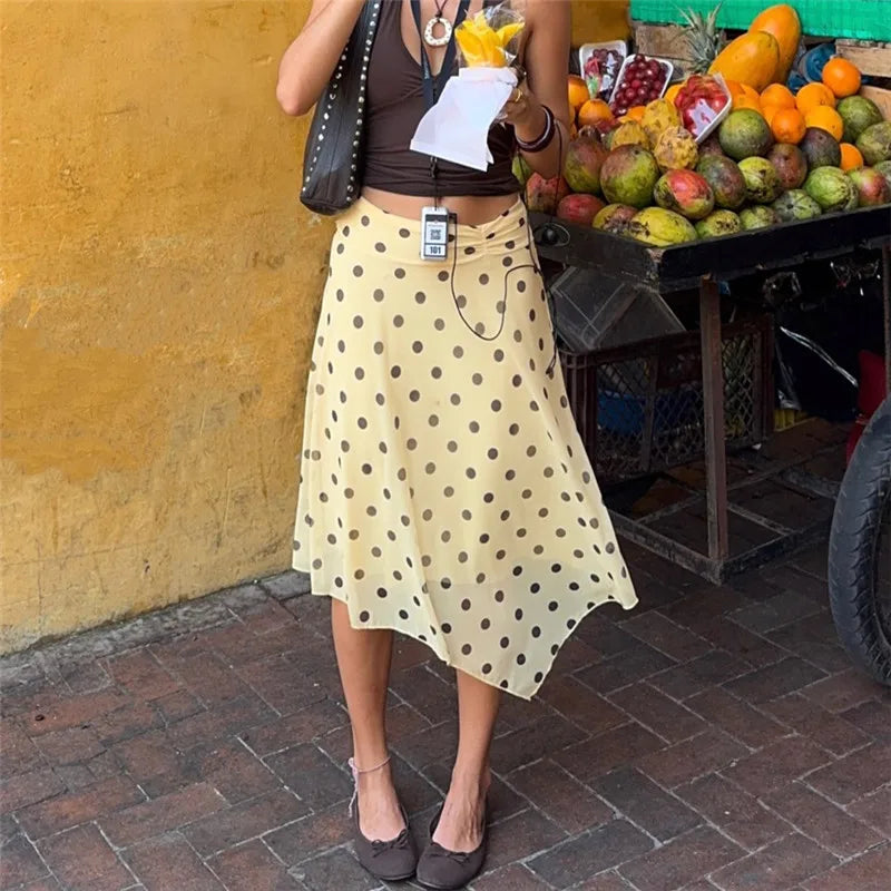 Women's yellow polka dot skirt, perfect for summer outings