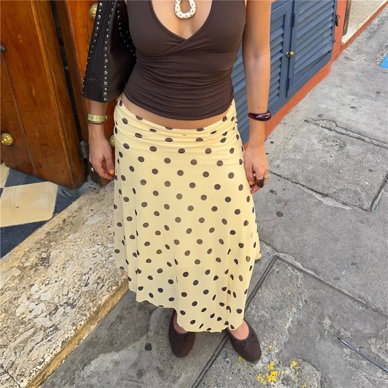 Women's yellow skirt polka dot, flowy fabric for casual outings