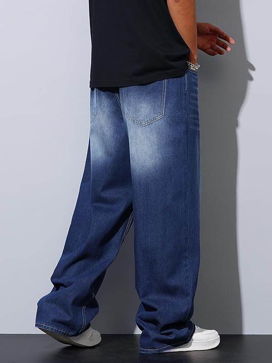 Men's wide-leg blue jeans, casual streetwear style for supreme streetwear