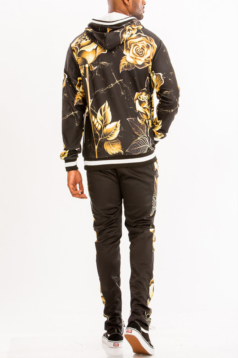 Lime Milo men's floral sweat set, black with gold roses, stylish and comfortable