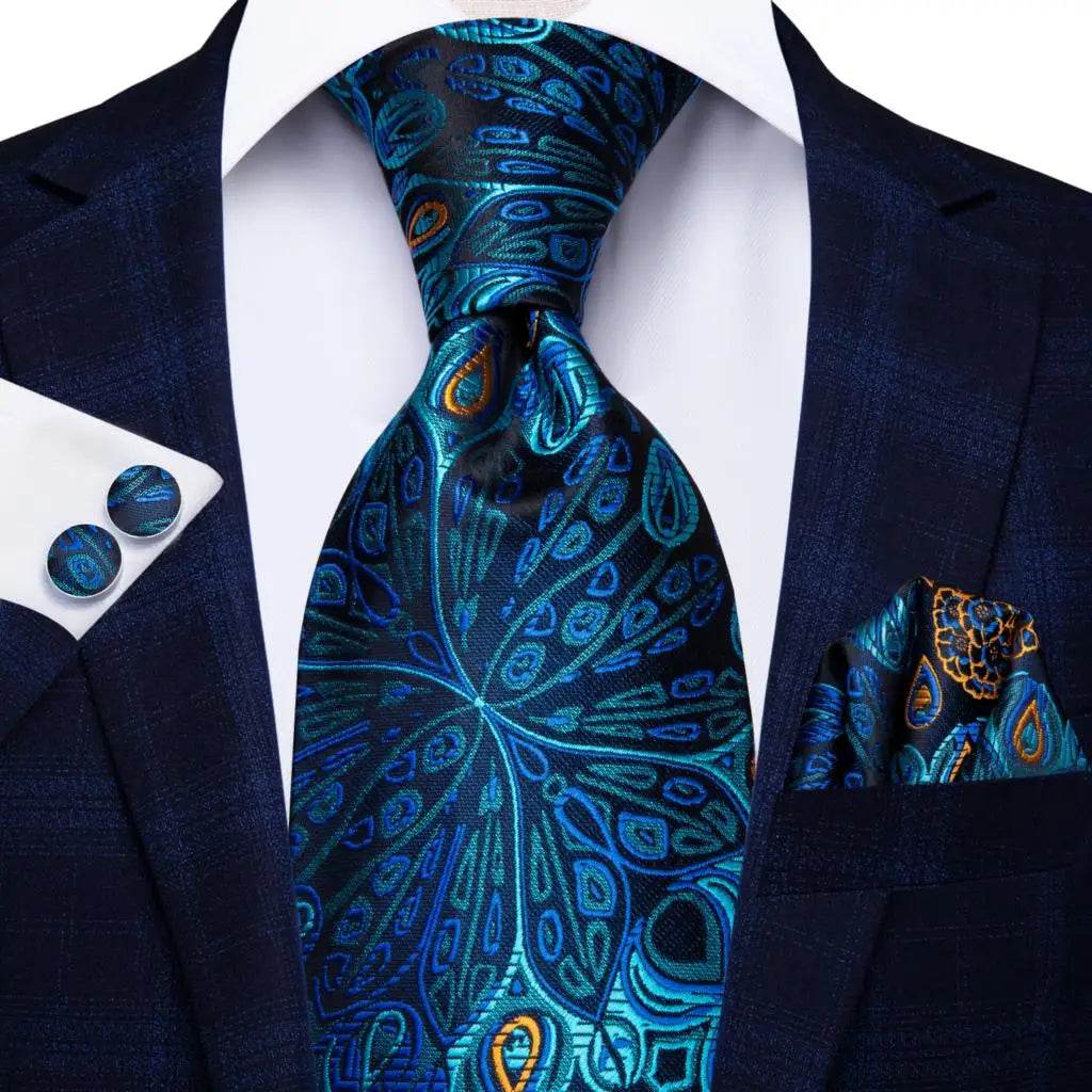 Men's teal green striped silk tie set for formal events