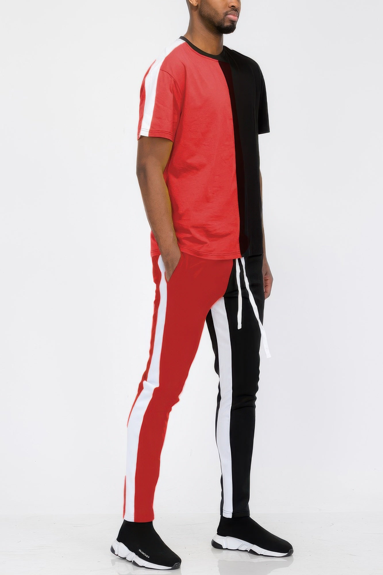 Men's red and black track pants for casual or athletic wear