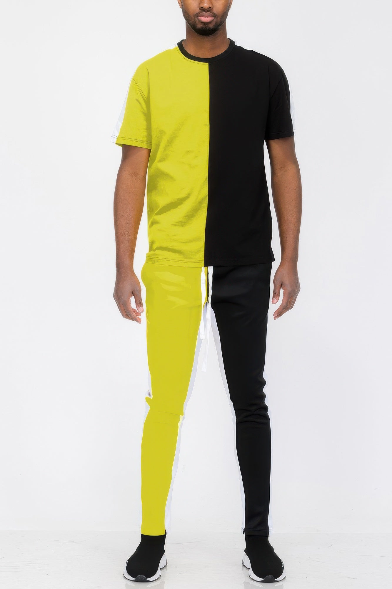 Men's color-blocked track pants in yellow and black for casual wear