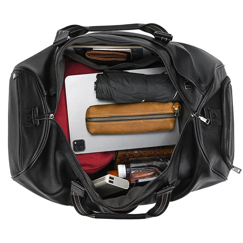 Black travel bag with organized compartments for easy packing