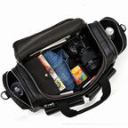 Black leather travel bag for photography and daily essentials