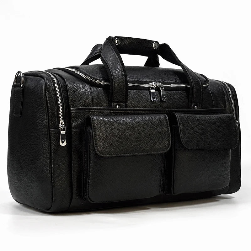 Black leather travel bag with two front pockets for easy organization