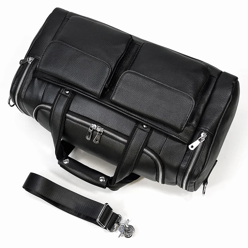 Black leather travel bag with multiple pockets for organized storage