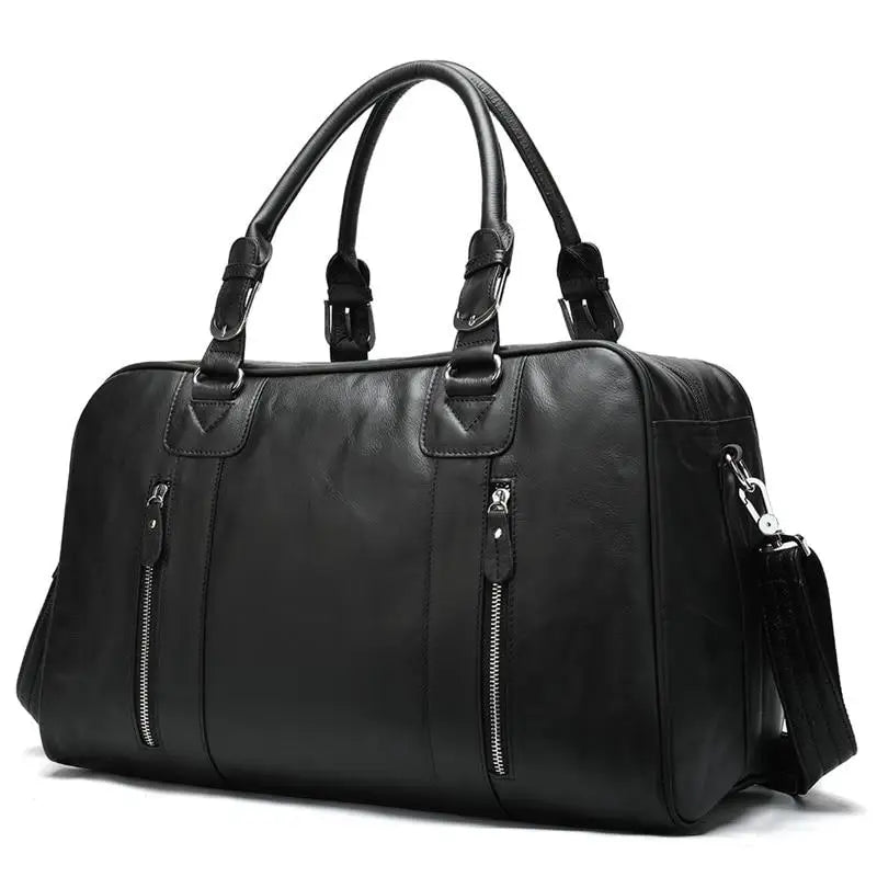 Black leather travel bag with zippered pockets for stylish trips
