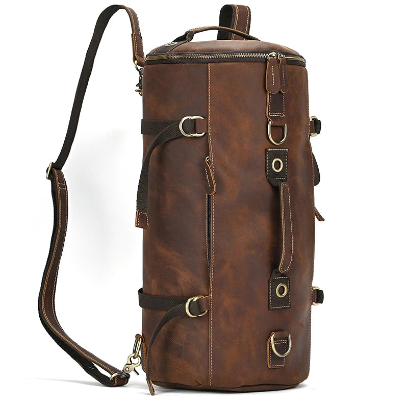 Brown leather travel bag with adjustable shoulder strap for weekend trips