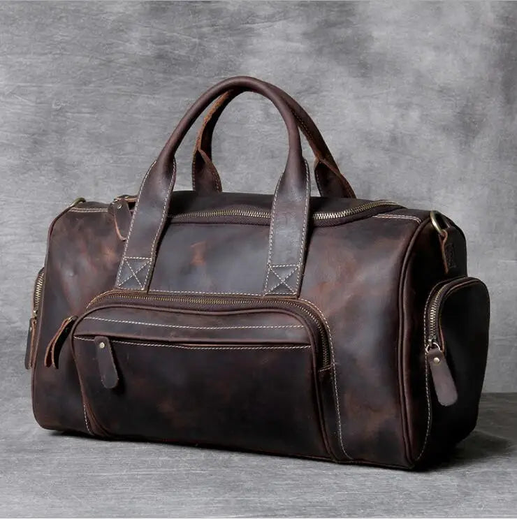 Brown leather travel bag, durable material for weekend trips