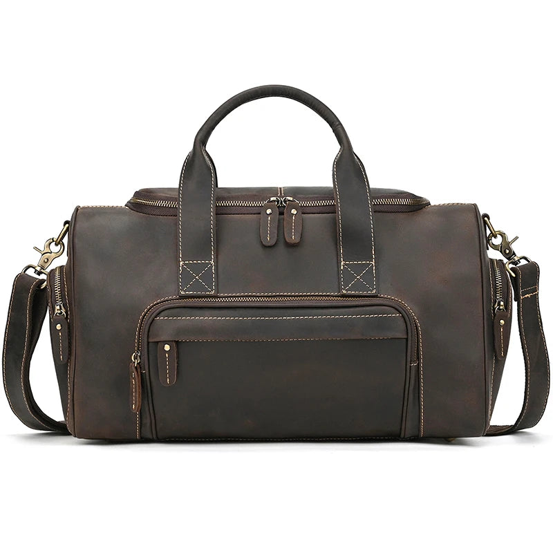 Brown leather travel bag with adjustable shoulder strap for weekend trips