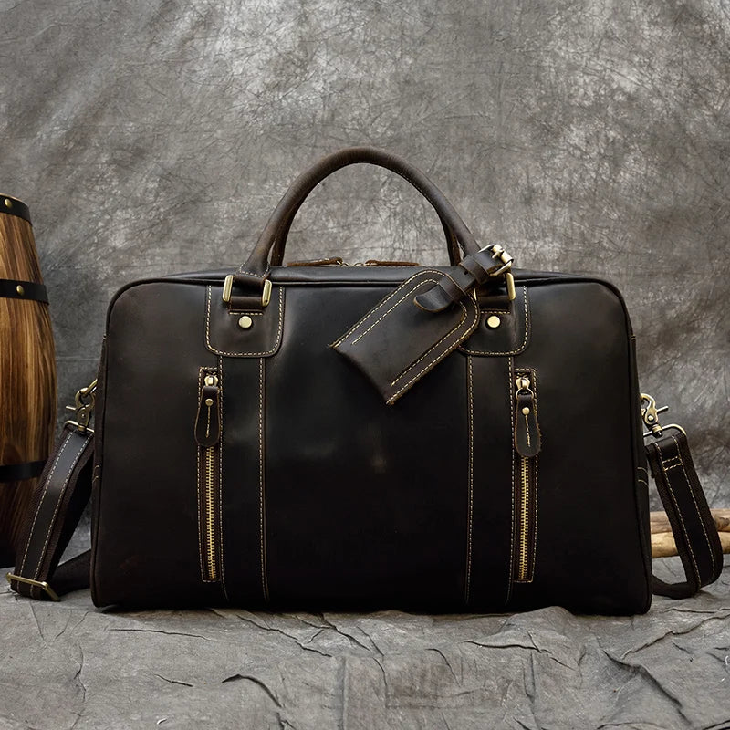 Brown leather travel bag for mens, perfect for weekend getaways