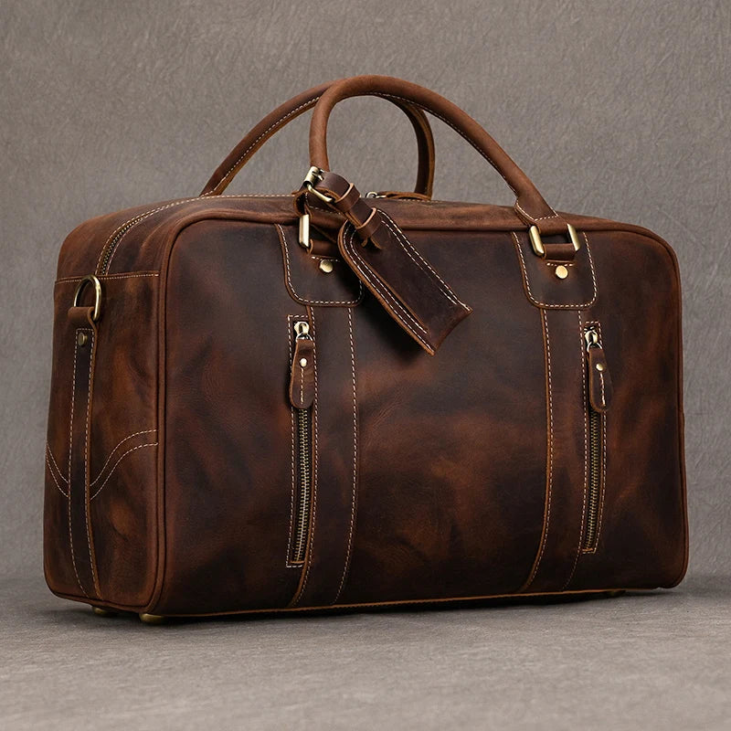 Brown leather travel bag for mens, perfect for weekend trips