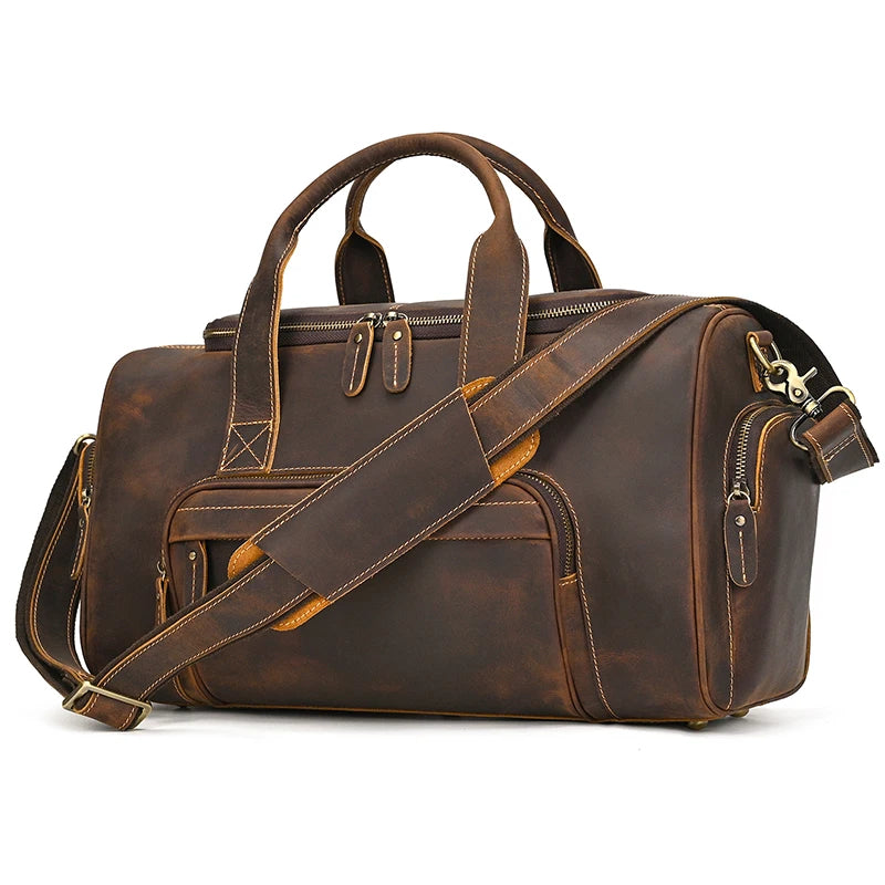 Brown leather travel bag with adjustable shoulder strap for weekend trips
