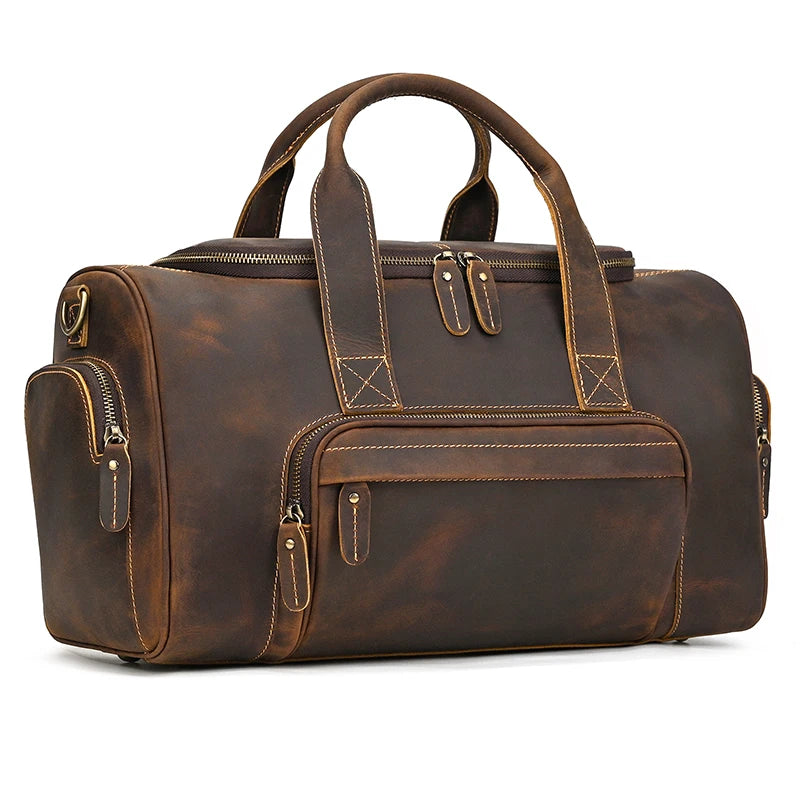 Brown leather travel bag, perfect for weekend getaways or gym visits