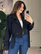 Black trench coat women, lightweight fabric, perfect for casual wear