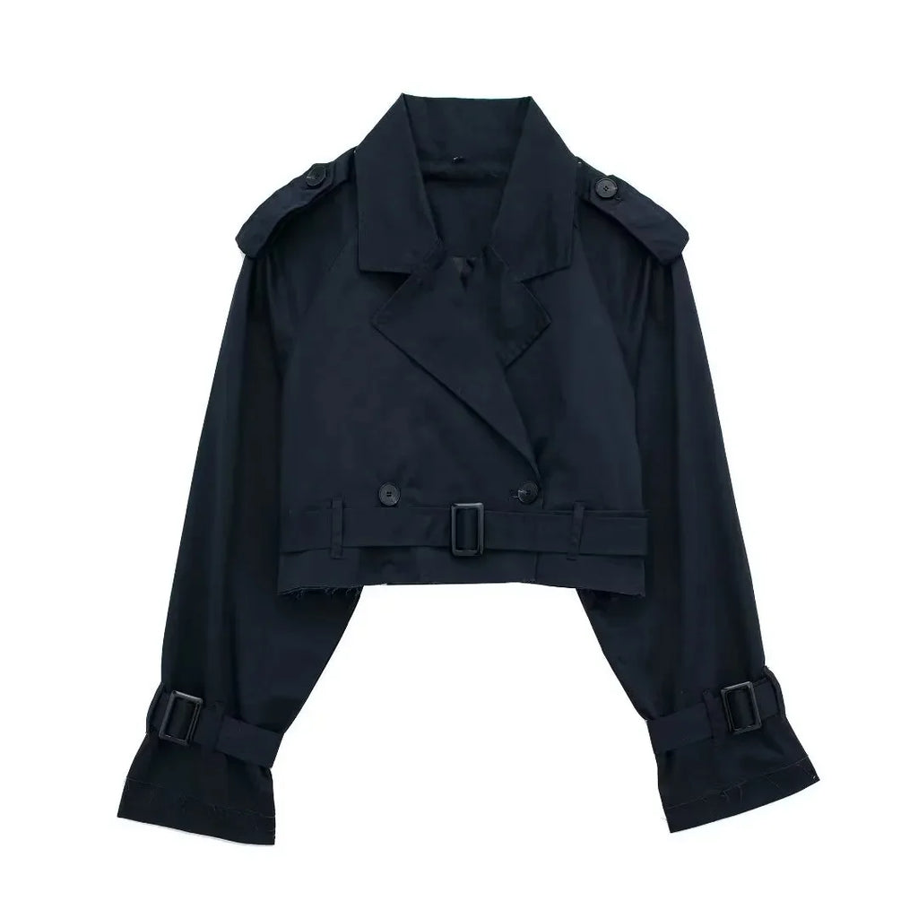 Women's cropped black trench coat with belted sleeves for stylish layering