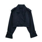 Women's cropped black trench coat with belted sleeves for stylish layering