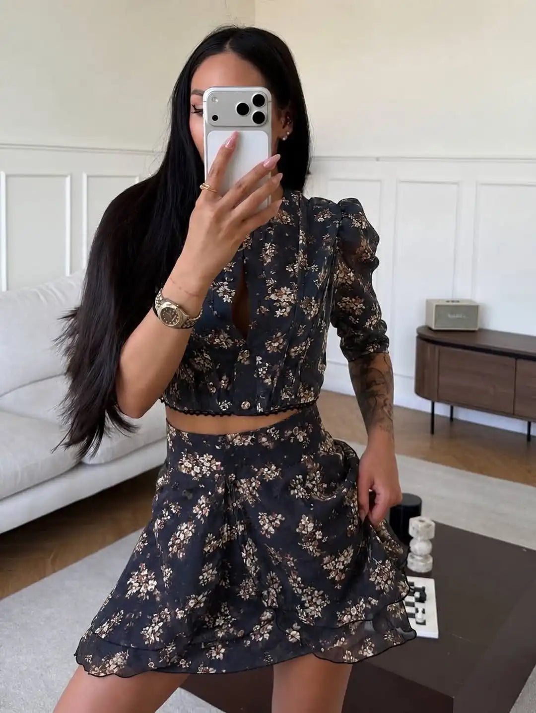 Floral two piece set, black chiffon, stylish for casual outings