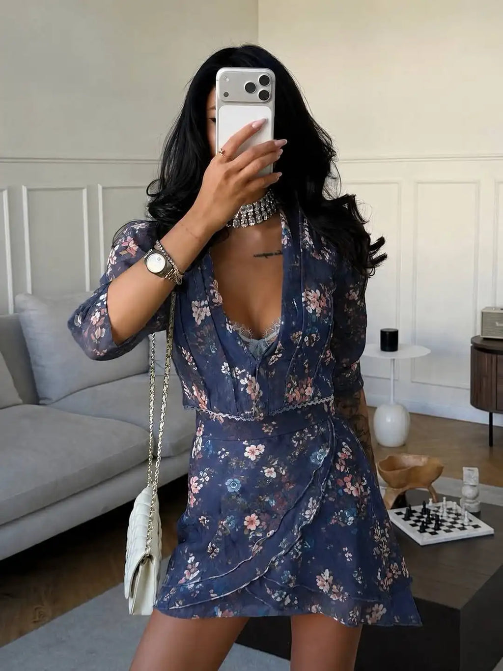 Floral two piece set, sheer top and mini skirt, perfect for casual outings