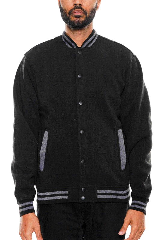 Men's black varsity jacket, warm fleece material for casual wear