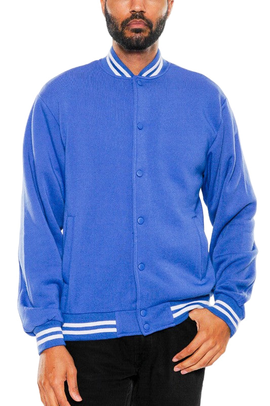 WEIV blue varsity jacket with button front and striped cuffs