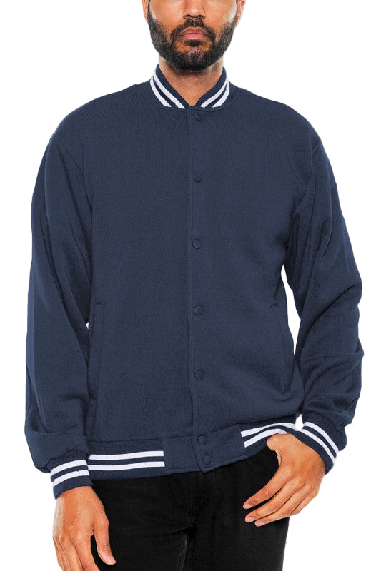 Men's navy varsity jacket by WEIV, perfect for casual outings