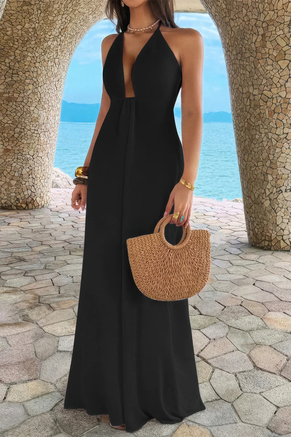 Black halter neck maxi dress for summer beach outings