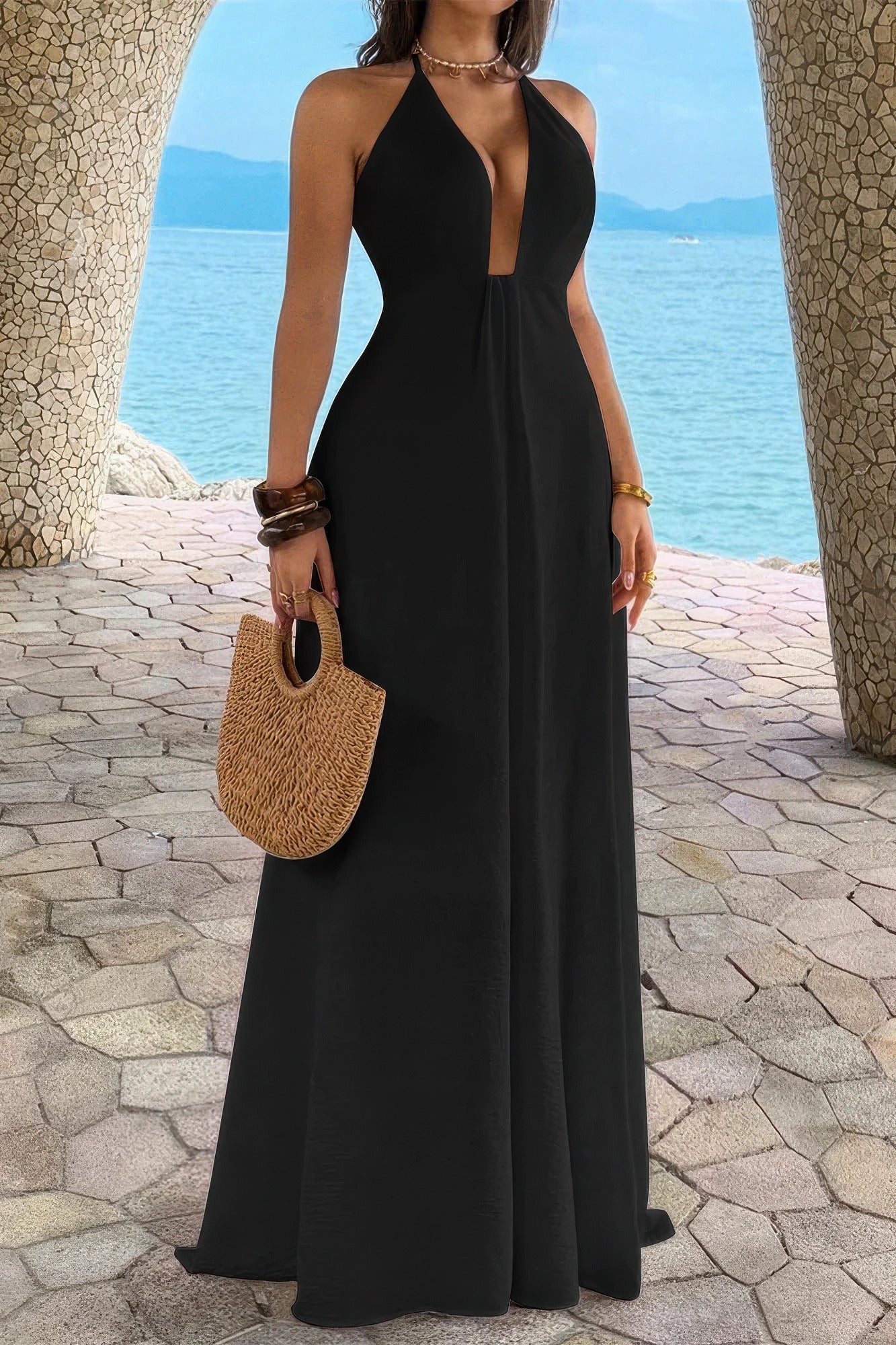 Black halter neck maxi dress for beach vacations and summer outings
