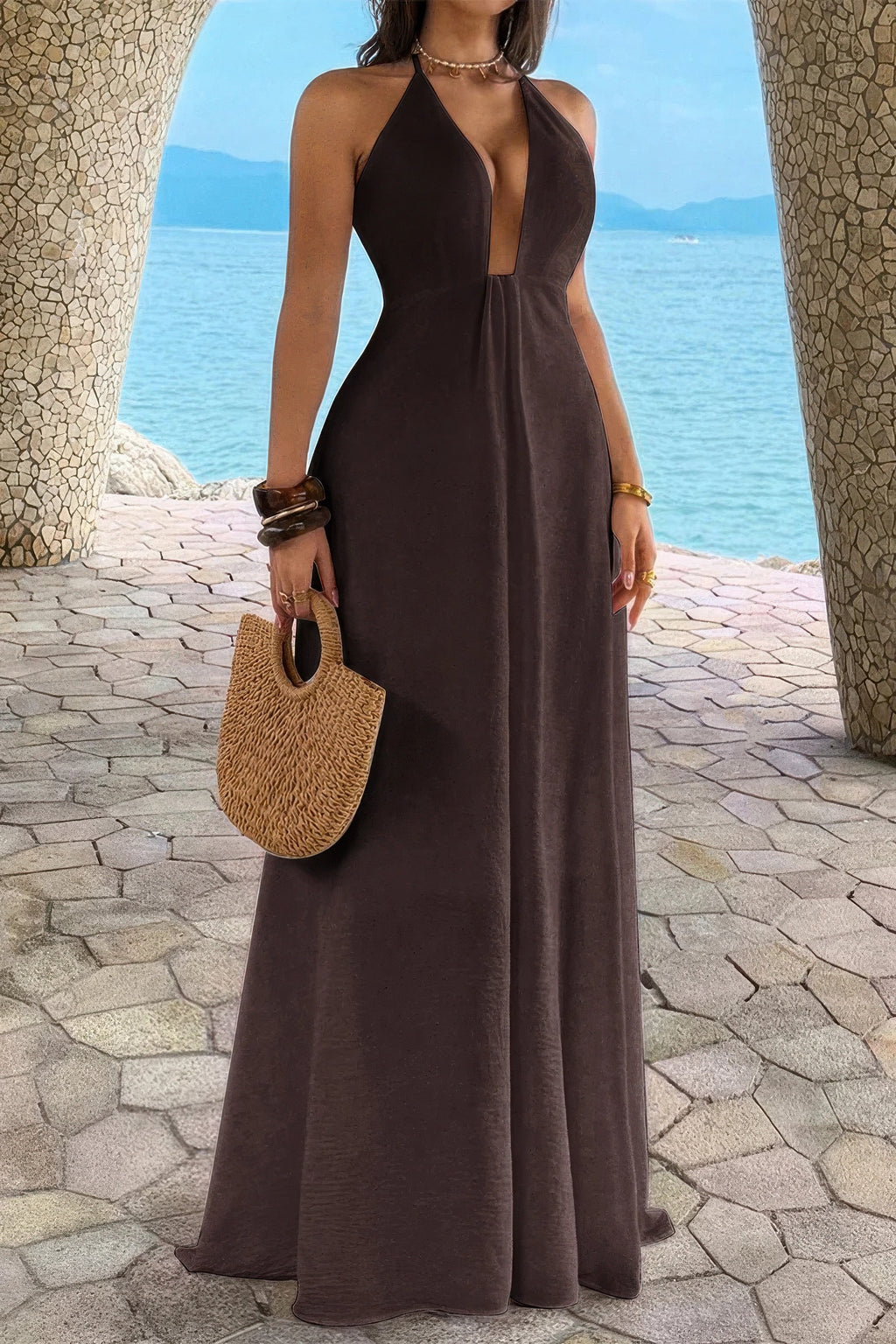 Women's brown halter neck maxi dress for beach vacations