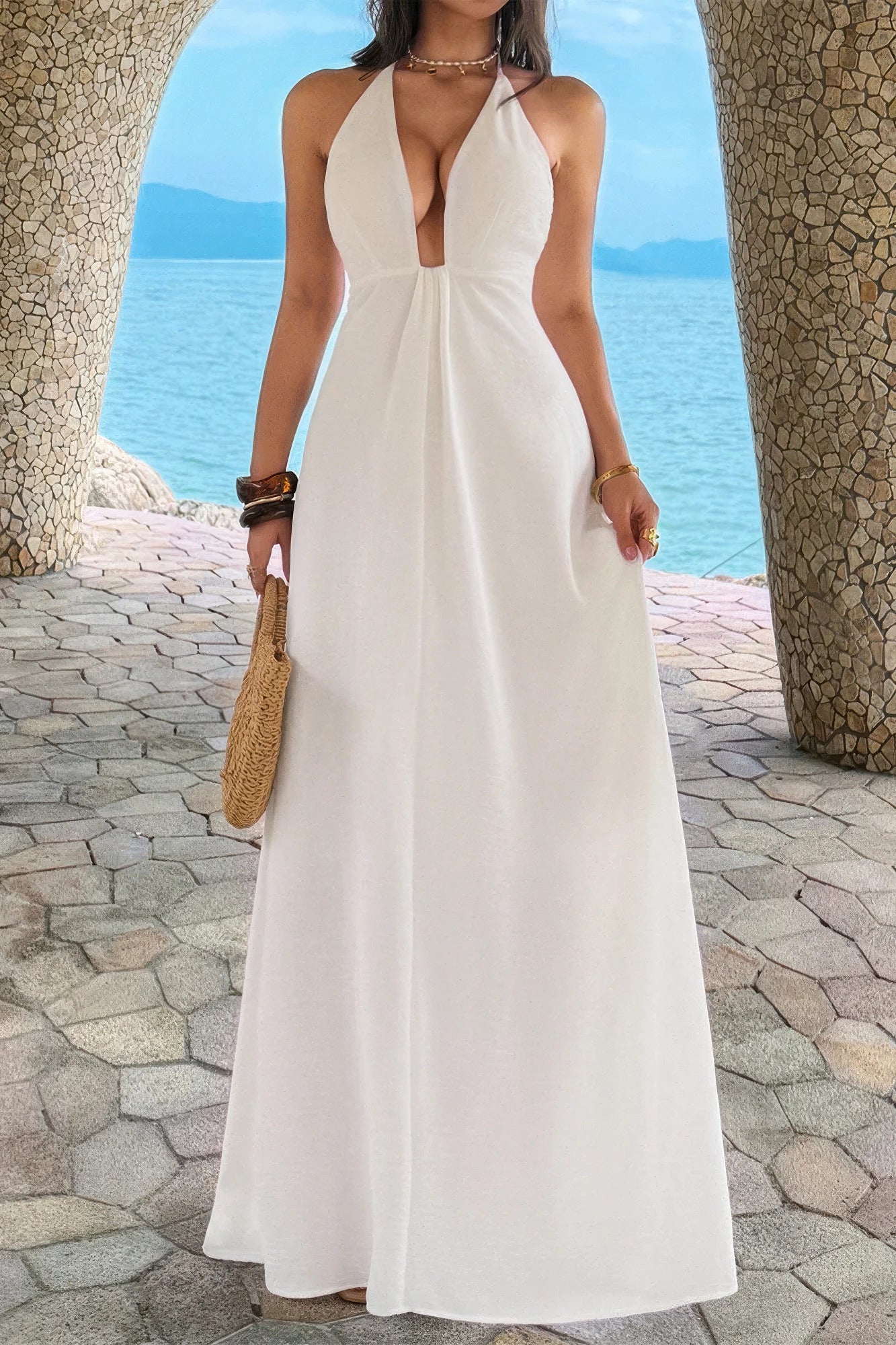 White halter neck maxi dress for beach vacation attire