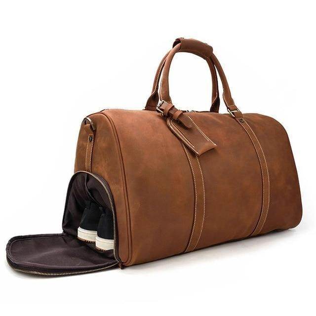 VacationGrabs Brown Leather Duffel Bag with Shoe Compartment, ideal carryon luggage bags for travel