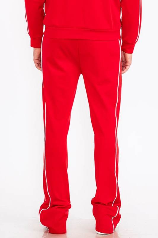 Men's red activewear pants with white side stripes for workouts