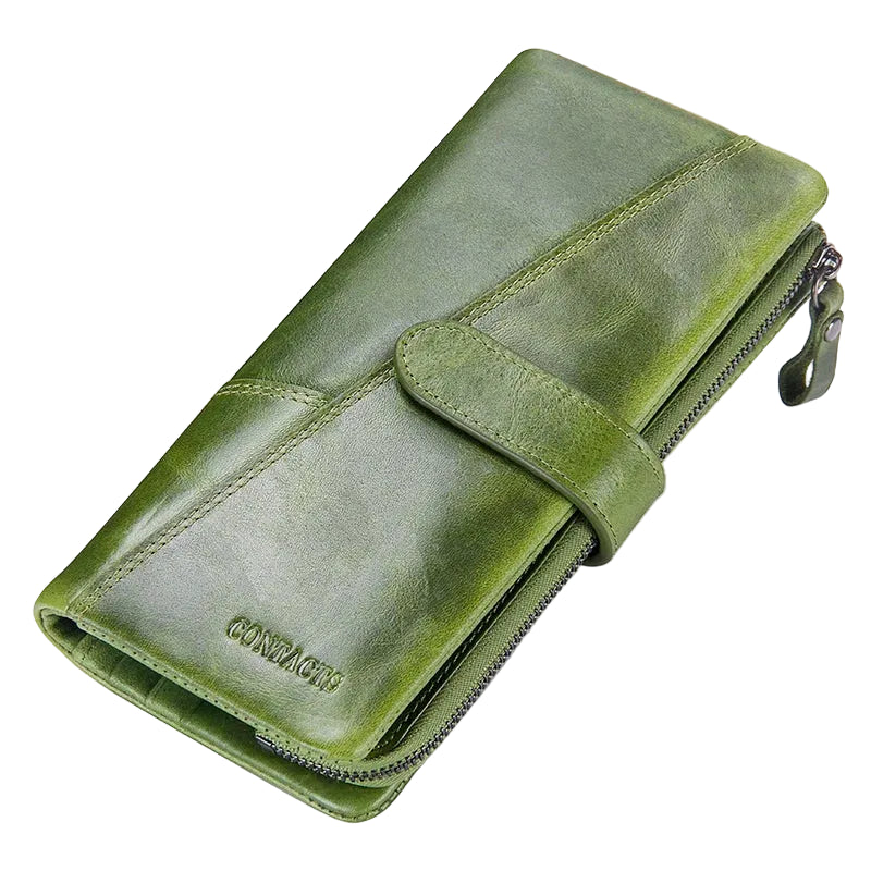 Green leather men's wallet for everyday use with zipper closure