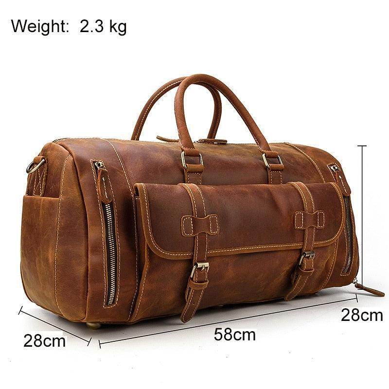 Vintage leather travel duffle bag with sturdy handle and multiple pockets for convenience