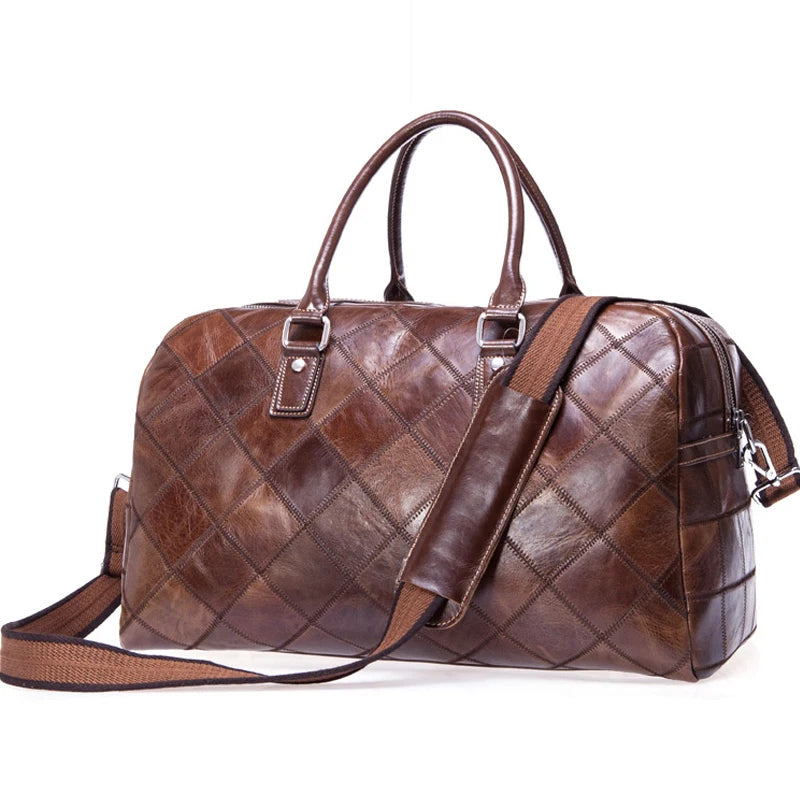 Brown leather weekend bag with quilted design for stylish travels