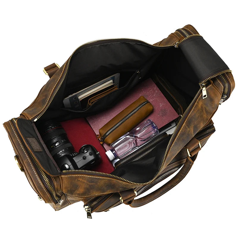 Brown leather weekend bag, spacious interior for travel essentials