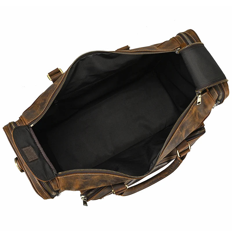 Brown leather weekend bag, spacious interior for travel essentials