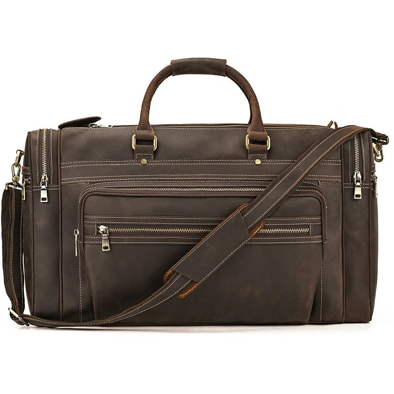 Brown leather weekend bag with multiple pockets for travel