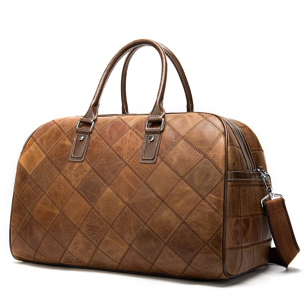 Brown leather weekend bag with quilted design for stylish travel