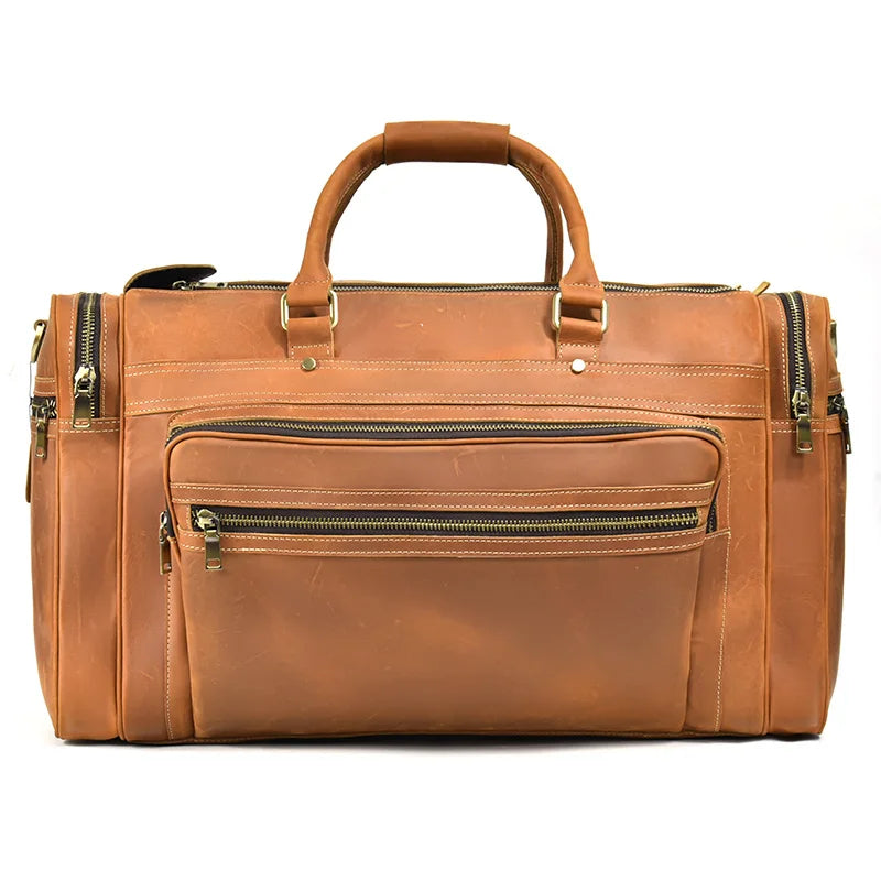 Men's leather weekend bag with multiple zippered pockets, travel ready