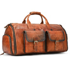 Leather bag weekender with two front pockets for travel convenience