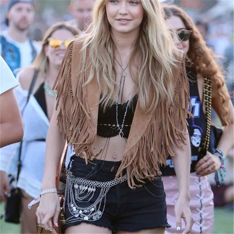 Women's fringe suede vest, stylish layering for casual outings