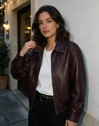 women's jacket puffer in burgundy leather, stylish for casual outings