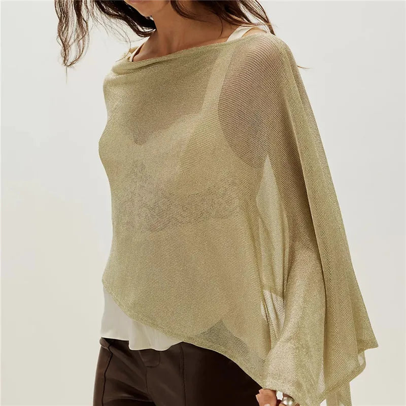 Women's poncho in light beige, lightweight knit for casual outdoor wear